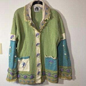 Storybook Knits “Whispering Blossoms” Vintage Sweater w/Dragonfly, Size L